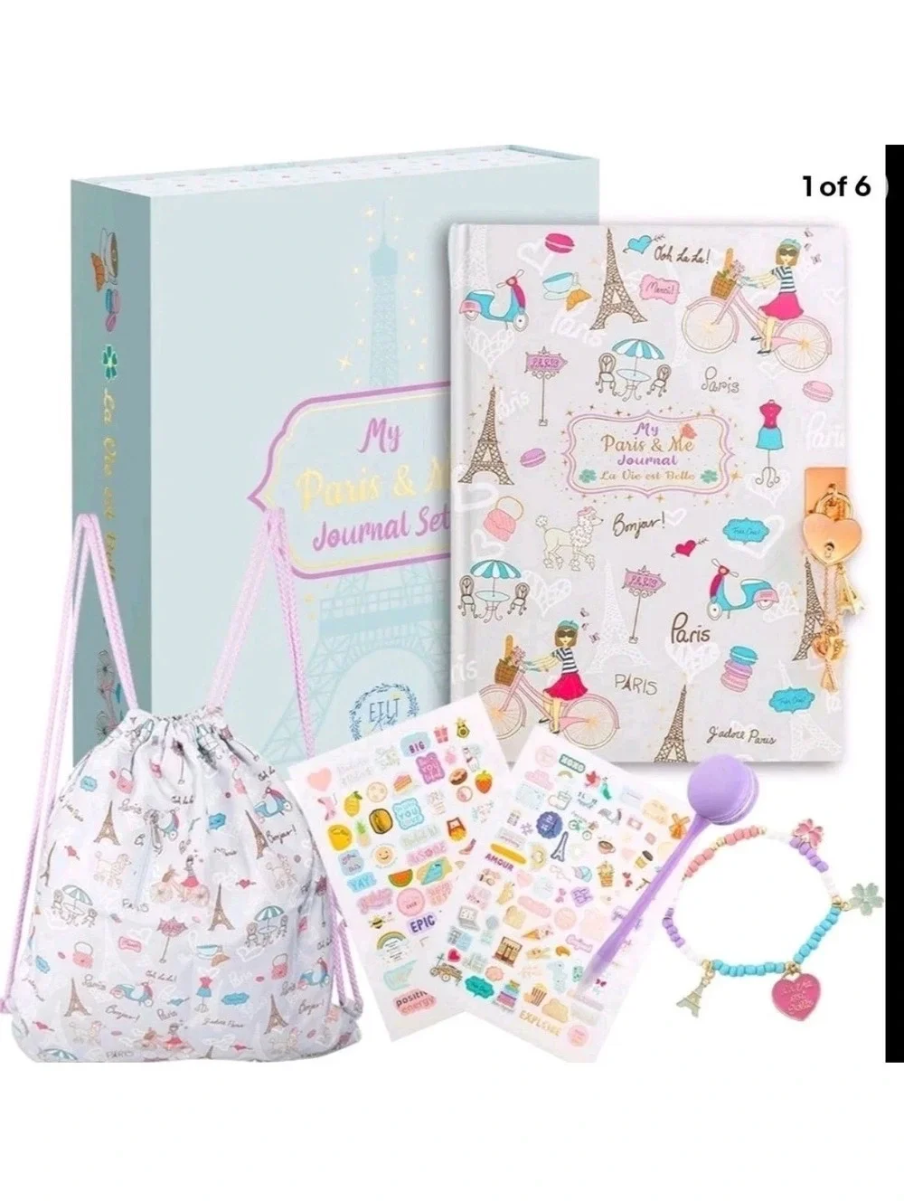 My Paris & Me Journal Set with Lock, Keys, Stickers, Pen, Bracelet, and Tote Bag